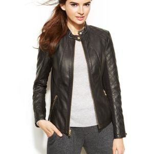 INC International Concepts Black Faux Leather Quilted Moto Jacket
